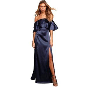 Lulus Pure Happiness Navy Blue Satin Off-the-Shoulder Maxi Dress Size Small New